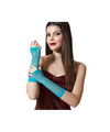 Carnaval verkleed handschoenen visnet stof turquoise blauw vingerloos dames elastiek