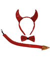 Duivels verkleed setje hoorntjes diadeem en staart-strik rood verkleed accessoires