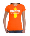 Koningsdag t-shirt Minister of rock N roll met kroontje oranje voor dames