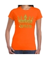 Oranje Koningsdag Queen shirt met gouden glitters en kroon dames