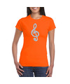 Zilveren muzieknoot G-sleutel-muziek feest t-shirt-kleding oranje dames